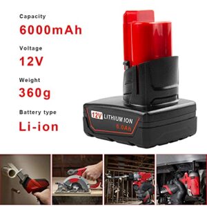 (Upgraded) 6.0Ah 12V Extend Cordless Lithium Battery for Milwaukee All M12 Power Tools, 48-11-2460 48-11-2401 48-11-2402 48-59-1812 48-11-2411 48-11-2420 48-59-2401 48-59-1812 2510-20 (2-Pack)