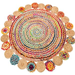 naqsh handwoven cotton jute area rug – 3 feet round multicolor handmade reversible braided rag rug (3 feet, multi fancy jute+cotton)