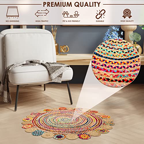 NAQSH Handwoven Cotton Jute Area Rug - 3 Feet Round Multicolor Handmade Reversible Braided Rag Rug (3 Feet, Multi Fancy Jute+Cotton)