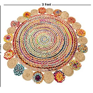 NAQSH Handwoven Cotton Jute Area Rug - 3 Feet Round Multicolor Handmade Reversible Braided Rag Rug (3 Feet, Multi Fancy Jute+Cotton)