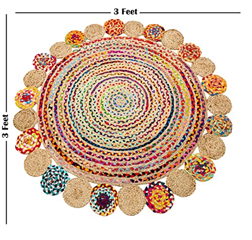 NAQSH Handwoven Cotton Jute Area Rug - 3 Feet Round Multicolor Handmade Reversible Braided Rag Rug (3 Feet, Multi Fancy Jute+Cotton)