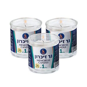 tribello 1 day yahrzeit memorial candles – yahrzeit candle for ner neshama, yom kippur candles, yizkor candles or emergency – unscented paraffin wax 26 hour yahrzeit candles in glass jar – 3 pack