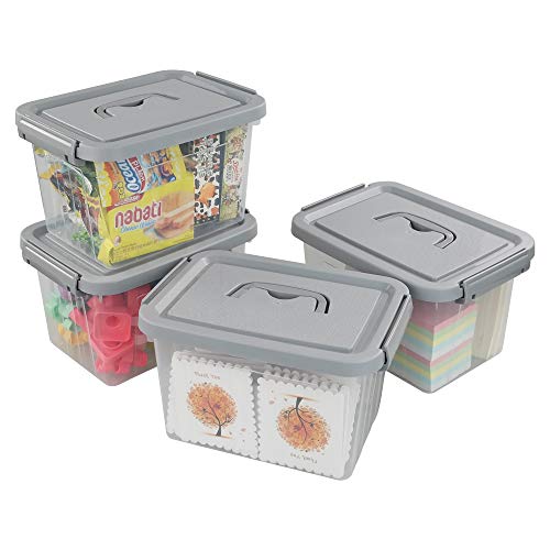 Ggbin 6 Quart Clear Latch Storage Box with Grey Handle and Latches - 4 Pack