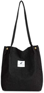 aluwu corduroy tote bag for women girl casual work canvas shoulder handbags cute purse black