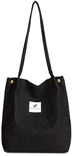 ALUWU Corduroy Tote Bag for Women Girl Casual Work Canvas Shoulder Handbags Cute Purse Black