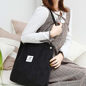 ALUWU Corduroy Tote Bag for Women Girl Casual Work Canvas Shoulder Handbags Cute Purse Black