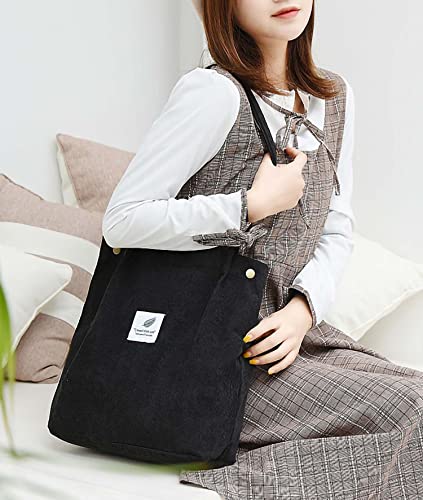 ALUWU Corduroy Tote Bag for Women Girl Casual Work Canvas Shoulder Handbags Cute Purse Black