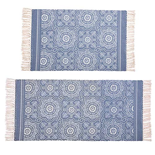 Hedume 2 Pack Cotton Area Rug, Machine Washable Printed Tassels Throw Rugs for Kitchen, Living Room, Bedroom Bathroom, Laundry Room, 2 x 3 Feet, 2 x 4.2 Feet