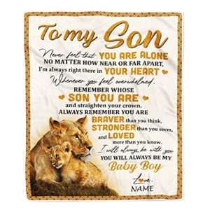 CenturyTee Personalized to My Son Blanket from Mom Lion Never Feel That You are Alone Great Birthday Graduation Bed Quilt Fleece Throw (60 x 80 Inches - Adult Size) Multicolor 455 60 in Size