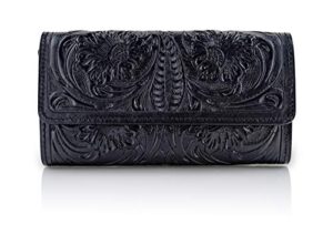 mauzari geneva women’s tooled leather wallet (obsidian)