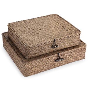 hipiwe set of 2 flat woven wicker storage bins with lid natural seagrass basket boxes multipurpose home organizer bins boxes for shelf organizer (coffee)