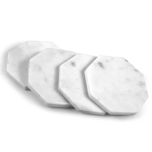 Mela Artisans Set of 4 Hand Crafted Marble Coasters - White, Octagon | Coffee Table Decor | Absorbent Keeping Surfaces Dry & Safe | Ideal for Wine Glasses, Water Cups or Beer Mugs