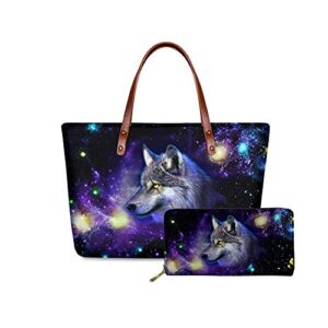 instantarts galaxy wolf print satchel handbags neoprene top handle tote shoulder bag with long wallet – 2 piece set