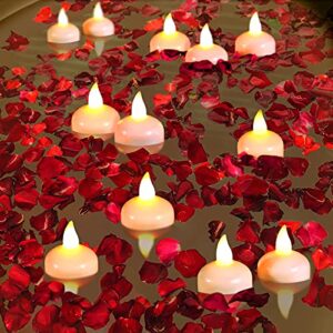 12 pcs flameless floating candles tealights valentine’s day romantic decor waterproof battery candles with dried rose petals for birthday anniversary wedding centerpiece spa party supplies