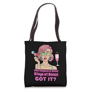 what happens at bunco stays at bunco funny bunco game night tote bag
