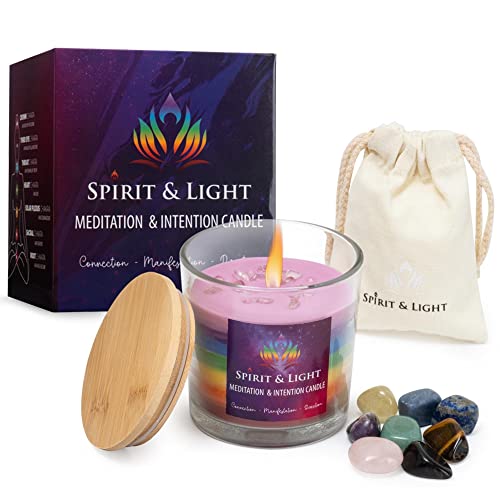 Spirtual and Healing Soy Wax Chakra Candle with Crystal Inside - Crystals Candle with Chakra Stones in a Bag - Yoga Candle for Meditation - Vanilla Scent Rainbow Candle (14 Oz)