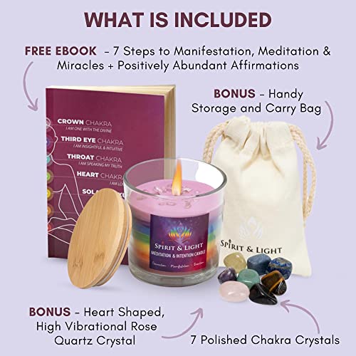 Spirtual and Healing Soy Wax Chakra Candle with Crystal Inside - Crystals Candle with Chakra Stones in a Bag - Yoga Candle for Meditation - Vanilla Scent Rainbow Candle (14 Oz)