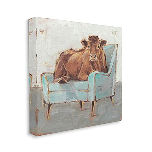 Stupell Industries Brown Bull on a Blue Couch Neutral Color Painting, Design by Ethan Harper Black Framed Wall Art, 36 x 36