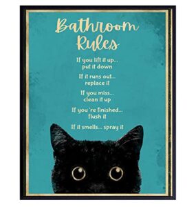 bathroom rules wall decor – cat bathroom decor – funny bathroom wall art – bath wall decor – powder room – guest bathroom – restroom sign – blue bathroom decorations for women, kitty, kitten fan