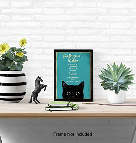 Bathroom Rules Wall Decor - Cat Bathroom Decor - Funny Bathroom Wall Art - Bath Wall Decor - Powder Room - Guest Bathroom - Restroom Sign - Blue Bathroom Decorations for Women, Kitty, Kitten Fan