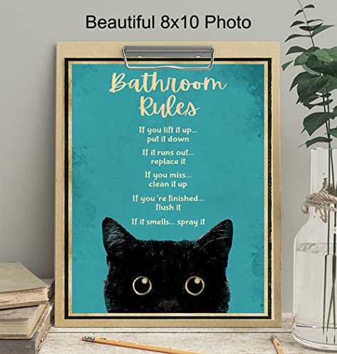 Bathroom Rules Wall Decor - Cat Bathroom Decor - Funny Bathroom Wall Art - Bath Wall Decor - Powder Room - Guest Bathroom - Restroom Sign - Blue Bathroom Decorations for Women, Kitty, Kitten Fan