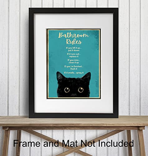 Bathroom Rules Wall Decor - Cat Bathroom Decor - Funny Bathroom Wall Art - Bath Wall Decor - Powder Room - Guest Bathroom - Restroom Sign - Blue Bathroom Decorations for Women, Kitty, Kitten Fan