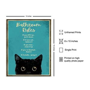 Bathroom Rules Wall Decor - Cat Bathroom Decor - Funny Bathroom Wall Art - Bath Wall Decor - Powder Room - Guest Bathroom - Restroom Sign - Blue Bathroom Decorations for Women, Kitty, Kitten Fan