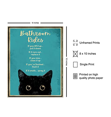 Bathroom Rules Wall Decor - Cat Bathroom Decor - Funny Bathroom Wall Art - Bath Wall Decor - Powder Room - Guest Bathroom - Restroom Sign - Blue Bathroom Decorations for Women, Kitty, Kitten Fan