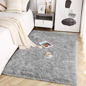 Beglad Soft Fluffy Area Rug Modern Shaggy Bedroom Rugs for Kids Room Extra Comfy Nursery Rug Floor Carpets Boys Girls Fuzzy Shag Fur Home Decor Rug, 3 ft x 5 ft, Grey