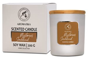 mysterious sandalwood scented candle – aromatherapy candle with essential oil – soywax candle – up to 45 hours burn time – glass candle gift – soy wax candles for home scented – home scented candles