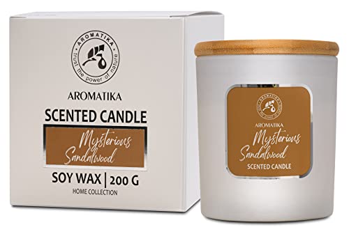 Mysterious Sandalwood Scented Candle - Aromatherapy Candle with Essential Oil - Soywax Candle - Up to 45 Hours Burn Time - Glass Candle Gift - Soy Wax Candles for Home Scented - Home Scented Candles