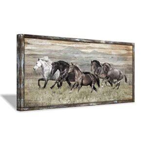 wooden horses picture wall decor: modern running wildlife horse animal painting print on rustic textured wood artwork wall art with handcrafted wooden framed (40″ x 20″)