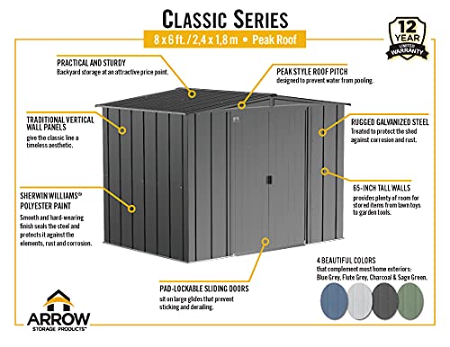 Arrow Shed Classic 8' x 6' Outdoor Padlockable Steel Storage Shed Building, Charcoal