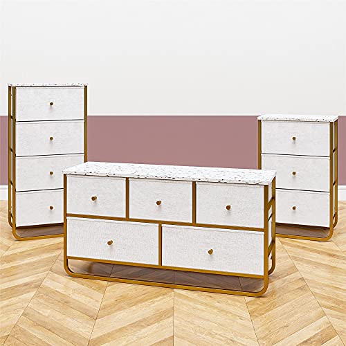 REALROOMS Korbin 3 Drawer Fabric Bin Organizer with Metal Frame, Terrazzo/Gold