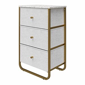 REALROOMS Korbin 3 Drawer Fabric Bin Organizer with Metal Frame, Terrazzo/Gold