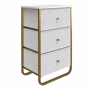 REALROOMS Korbin 3 Drawer Fabric Bin Organizer with Metal Frame, Terrazzo/Gold