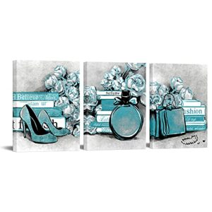 levvarts 3 piece fashion canvas wall art glam high heels perfume bags with book poster art painting prints framed modern teal and grey home bathroom beauty room decorations 12x16inchx3pcs