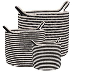 super area rugs farmhouse plant basket/planter multi purpose open top bin with handles, cotton rope basket, 8-inch, 10-inch and 12-inch black & white