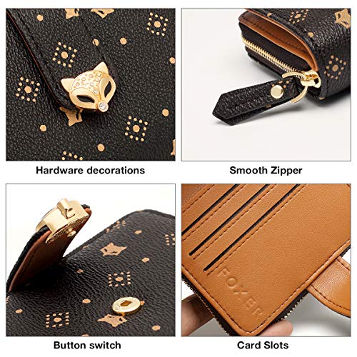 FOXER PVC Faux Leather Wallets for Women, Artificial Leather Monogram Ladies Small Cute Wallet with Zipper Coin Pocket Women's Mini Short Wallet Girls Designer Zip Around Wallet Credit Card Holder