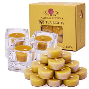 24 count natural beeswax tealights candle with glass candle holder – natural scent, smokeless, clear cup, clean burning – yellow