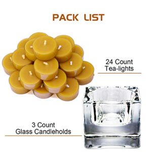 24 Count Natural Beeswax Tealights Candle with Glass Candle Holder - Natural Scent, Smokeless, Clear Cup, Clean Burning - Yellow