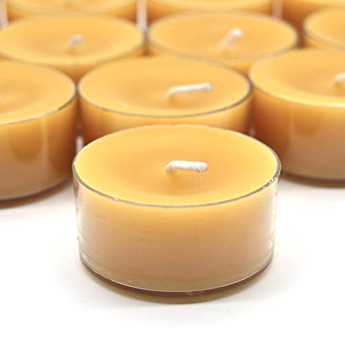 24 Count Natural Beeswax Tealights Candle with Glass Candle Holder - Natural Scent, Smokeless, Clear Cup, Clean Burning - Yellow