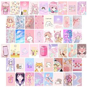 50pcs kawai anime aesthetic picture wall collage kit, pink cartoon assembled print card set, back to school dorm photo poster display trendy style, sweet room decor cute collage kit for teens girls gifts