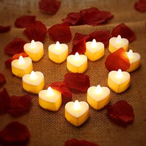12 pieces heart shape led tealight candles love led candles with 200 pieces silk rose petals girl scatter artificial petals for valentine’s day wedding table party decor (yellow light, dark red petal)
