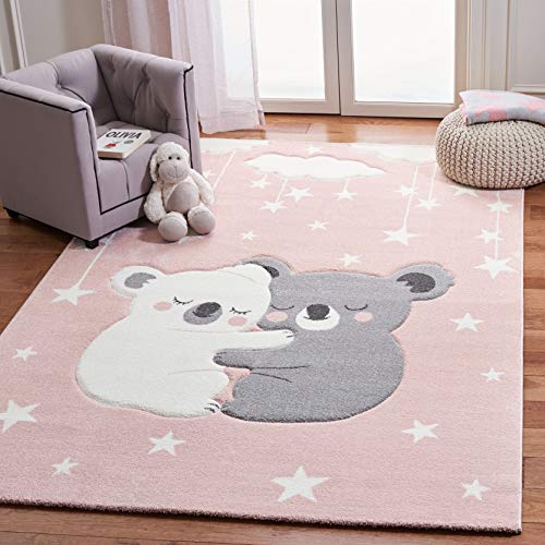 Safavieh Carousel Kids Collection 3' Square Pink/White CRK195U Koala Hug Non-Shedding Nursery Playroom Area Rug