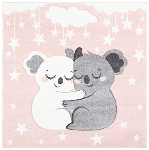 Safavieh Carousel Kids Collection 3' Square Pink/White CRK195U Koala Hug Non-Shedding Nursery Playroom Area Rug