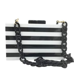 boutique de fgg striped women acrylic clutch evening purses bag chain shoulder crossbody handbags (black & white)
