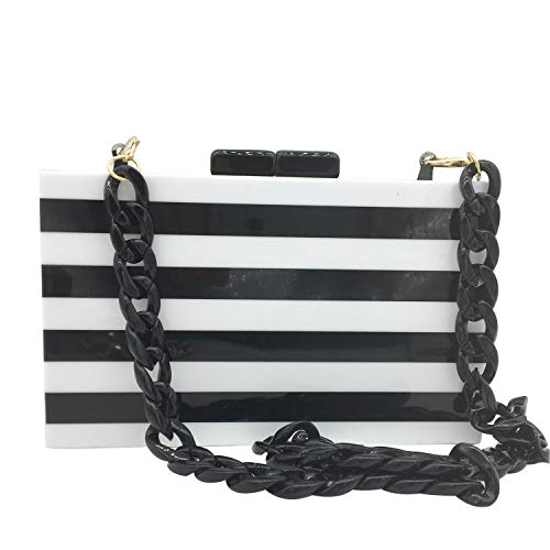 Boutique De FGG Striped Women Acrylic Clutch Evening Purses Bag Chain Shoulder Crossbody Handbags (Black & White)