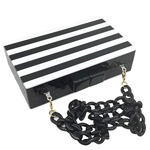 Boutique De FGG Striped Women Acrylic Clutch Evening Purses Bag Chain Shoulder Crossbody Handbags (Black & White)