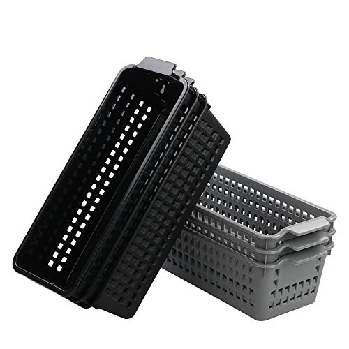 Qqbine Plastic Small Rectangle Storage Basket, Black and Grey, 6 Packs